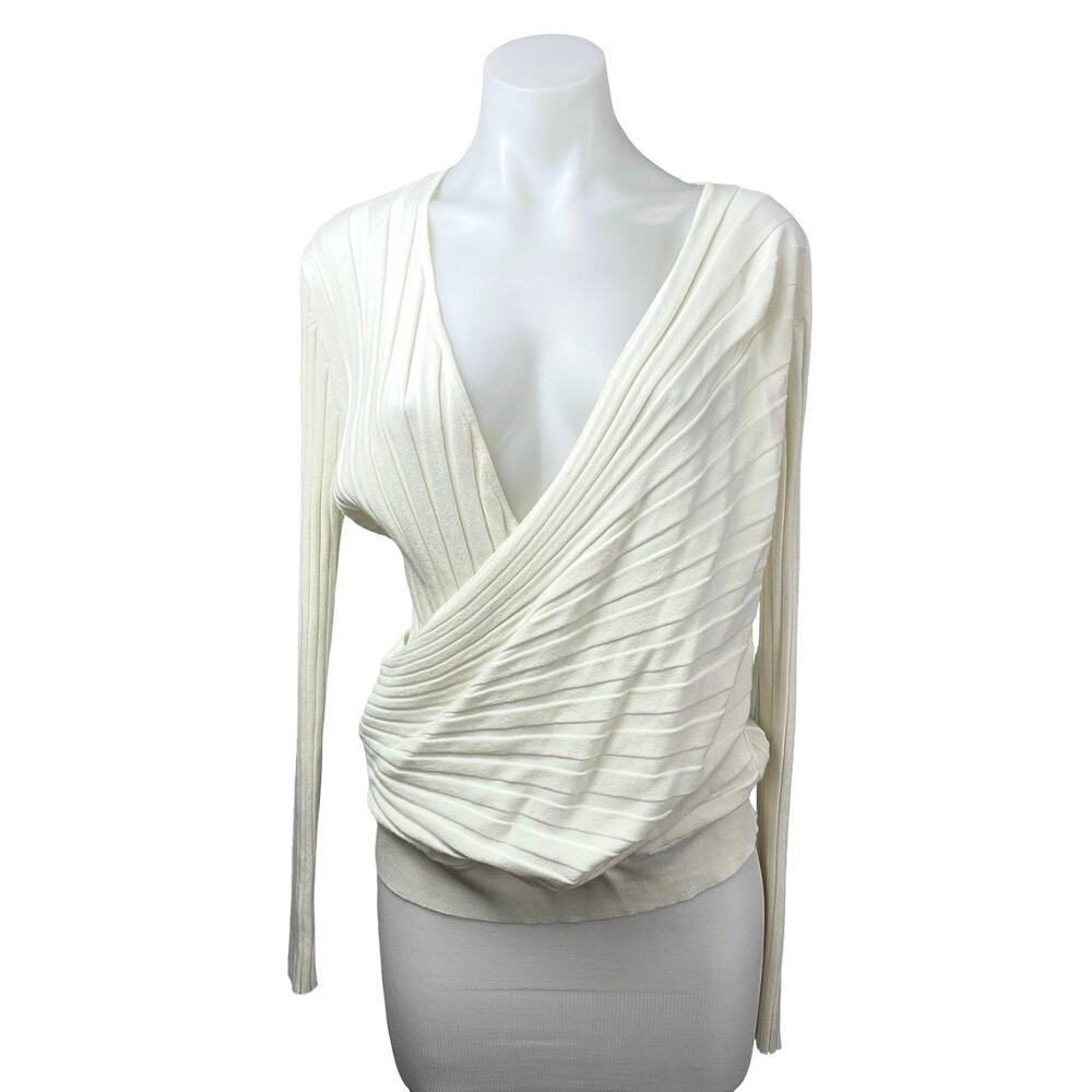 NEW Calvin Klein Women's Cream Ribbed Long Sleeve Wrap Sweatshirt Sweater Top L